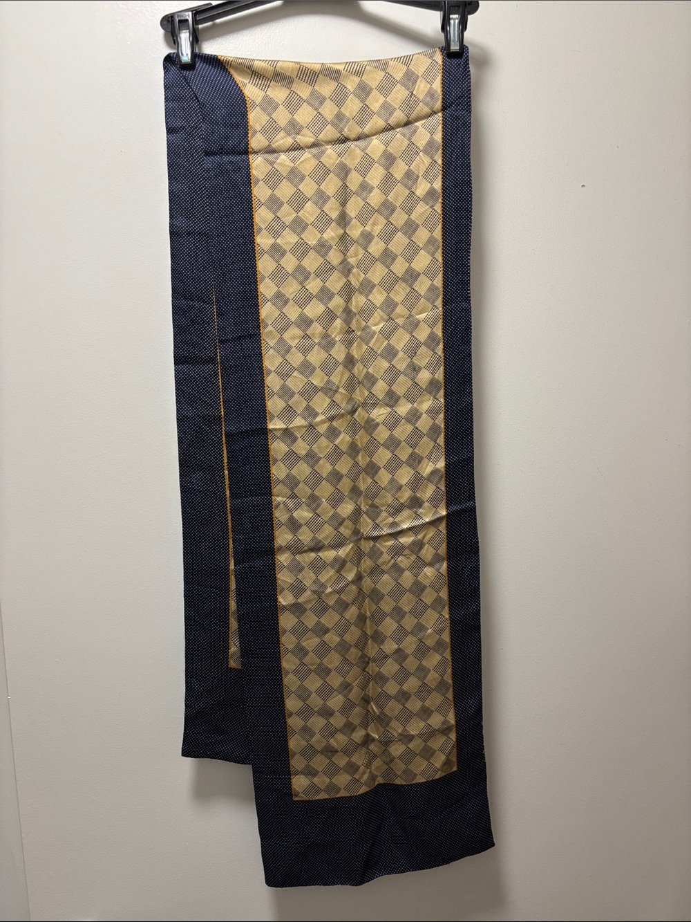 100% Silk Scarf- Navy and Tan Patterned
